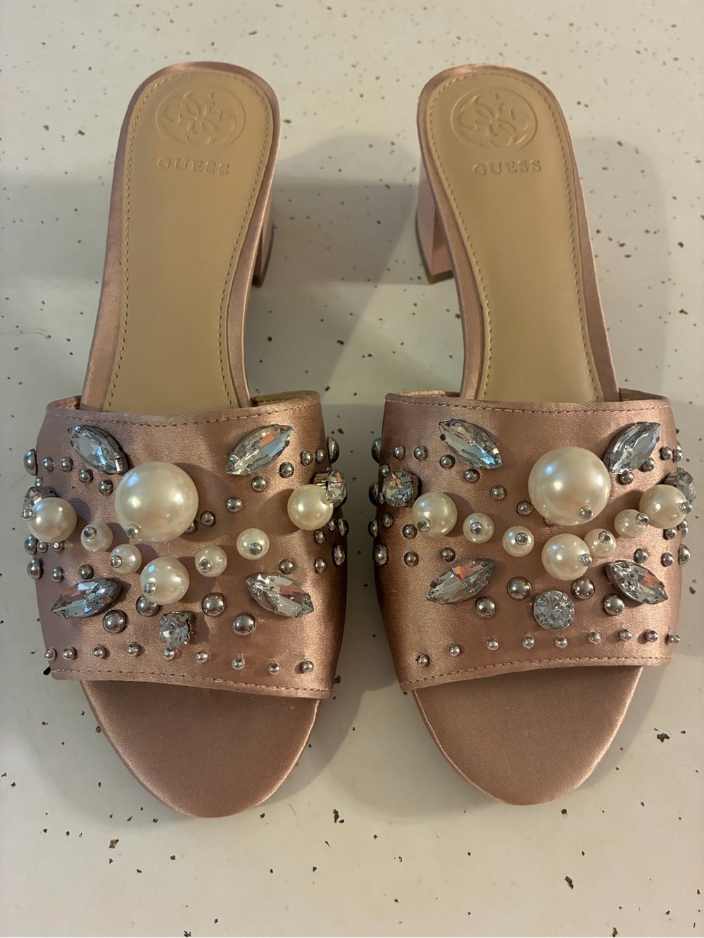 GUESS Pink Satin Pearl & Crystal Slide Mules